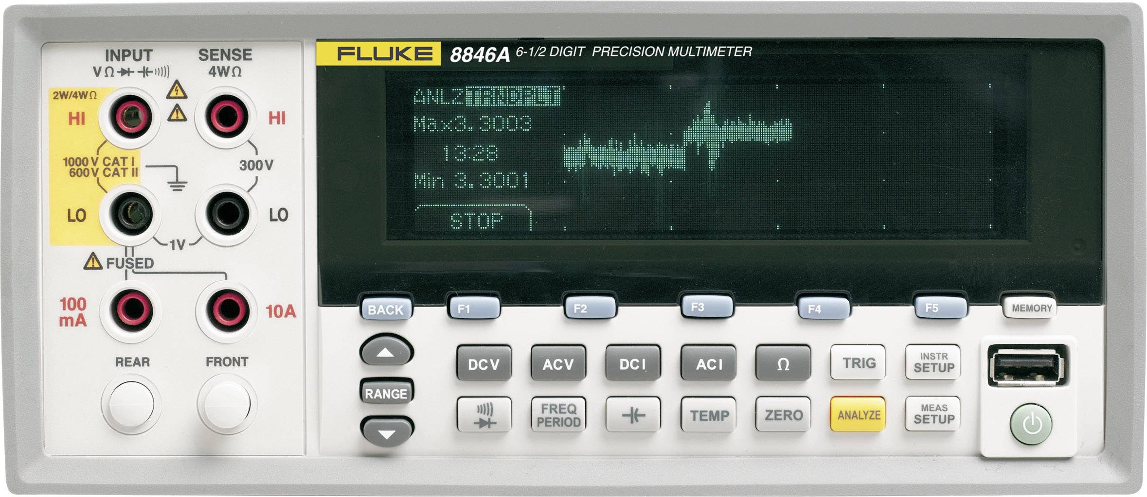 Digital precision multimeter with various display and setting buttons, an LED display with curve and connection sockets for measurements.
