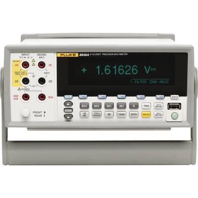 Electronic measuring device with digital display showing '1.61626 V'. Control buttons at the bottom, inputs and outputs on the left. Display in the foreground.