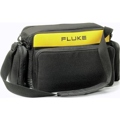 Black tote bag with yellow 'FLUKE' print, wide shoulder strap and multiple zip pockets.