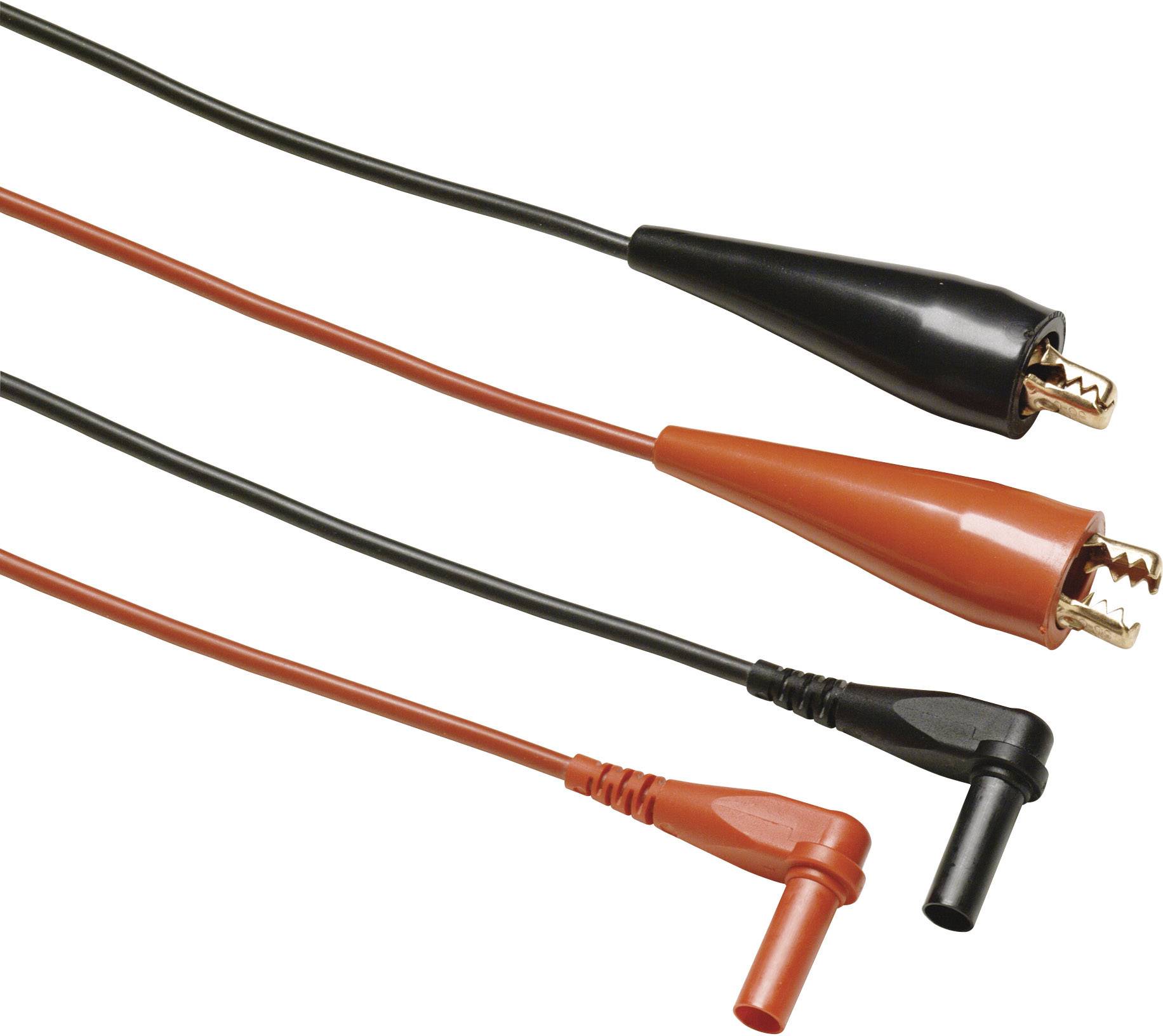 Two crocodile clips, one black and one red, connected with matching cables and angled plugs.