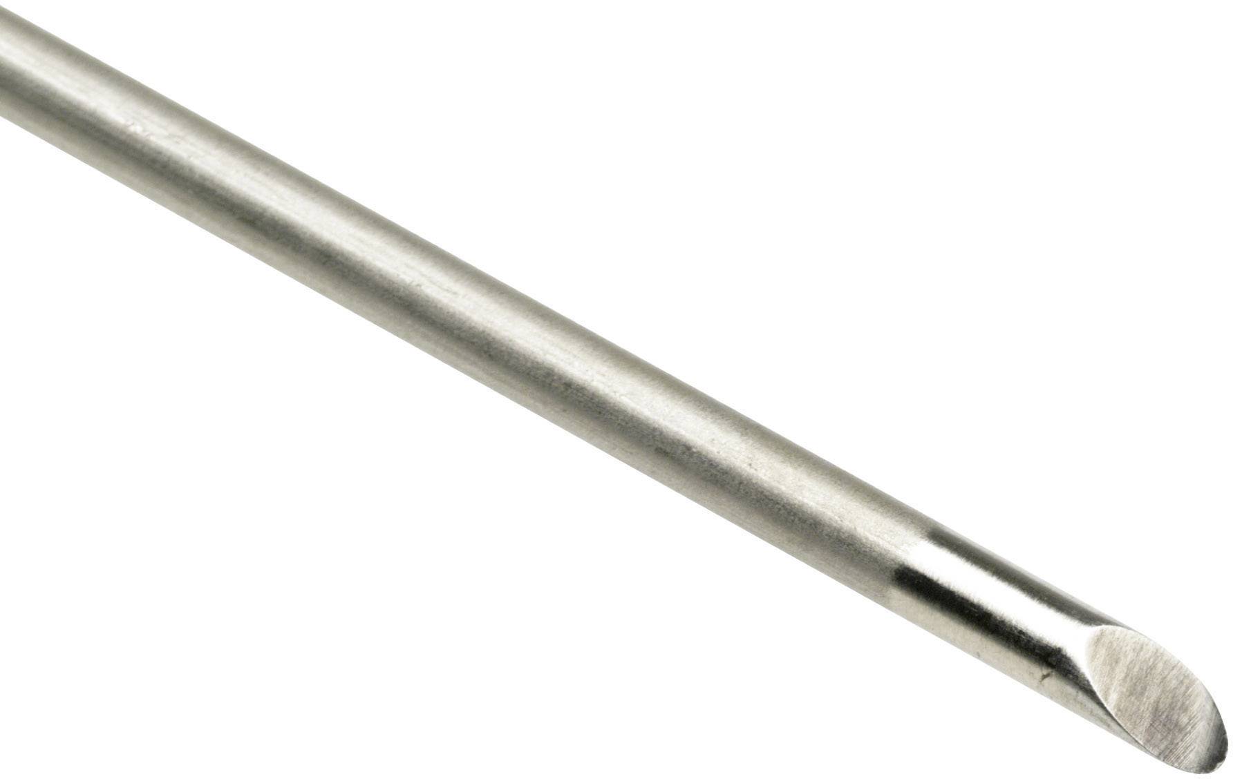 A silver screwdriver, close-up of the metallic shaft and flat tip, suitable for simple screw-related tasks.