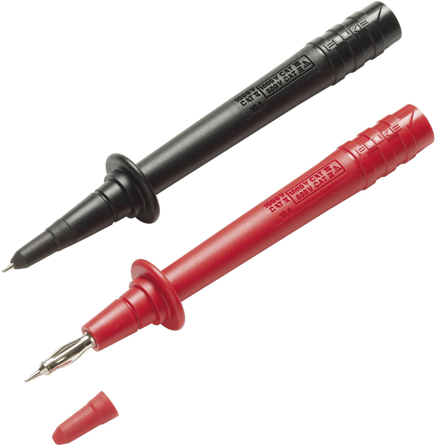 Two test probes: one black, one red. The red probe has a removable cap. Both are for electrical measurements.