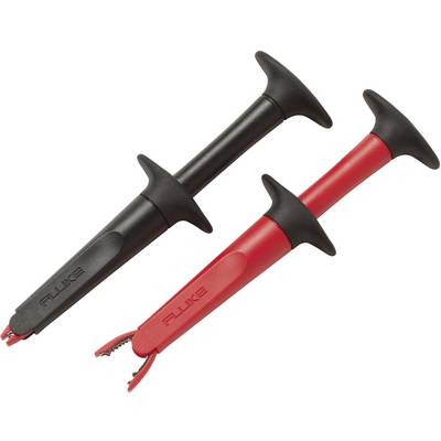 'Two test clips, one black and one red, with insulated handles, used for secure connection during electrical measurements.'