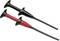 Two test probes, one black, one red, for electronic testing. They have insulated handles and long contacts for safe connection.