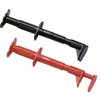Two electrical clamps, one black and one red, on a white background. They are used for securely connecting electrical wires.