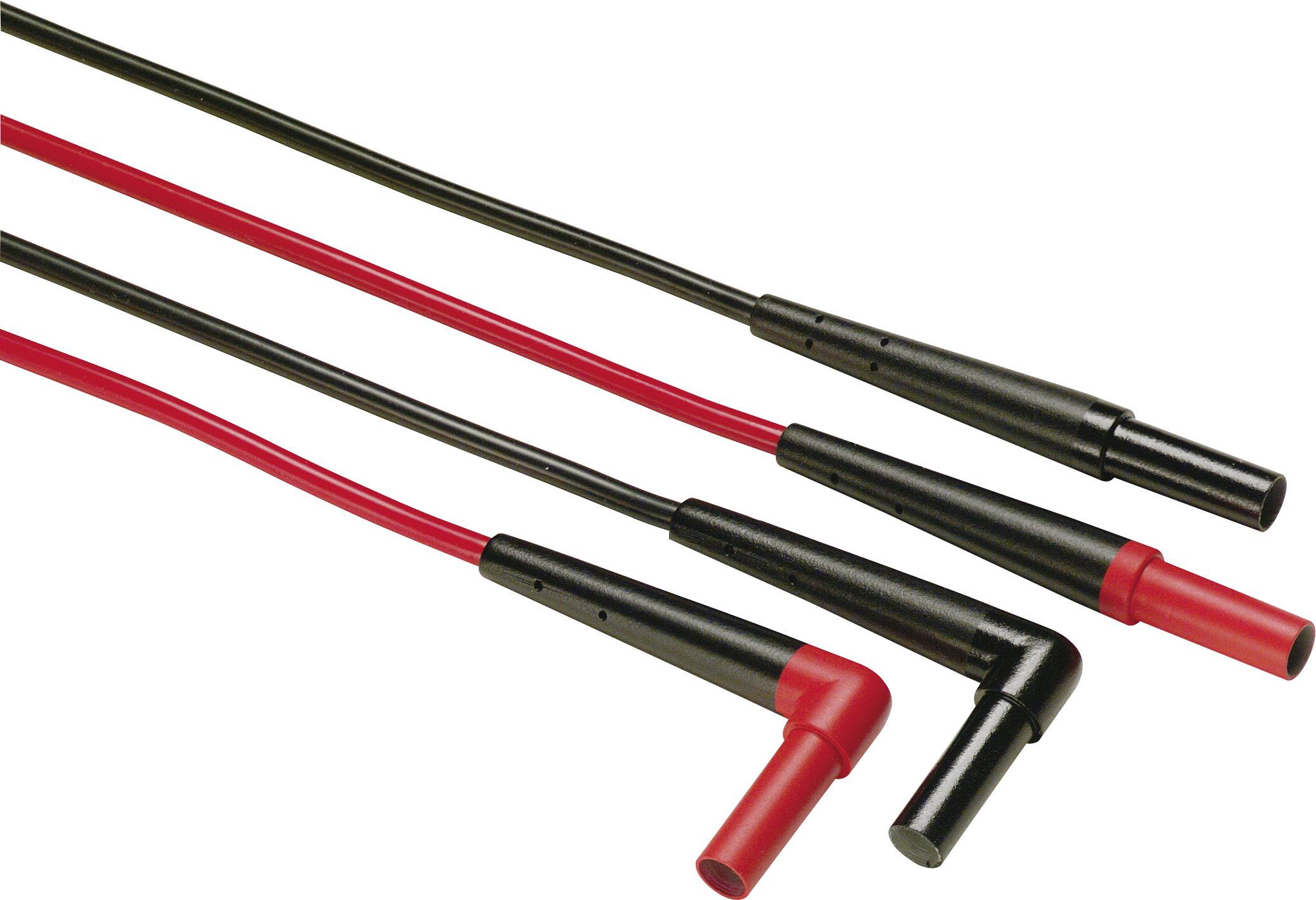 Black and red test leads with angled plugs for electrical measuring instruments, used for connection and signal transmission.