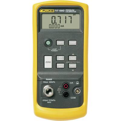 A yellow pressure calibration device with a display shows '0.717 PSI'. Several buttons are available for controlling the measurement functions.