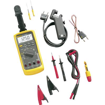 A yellow multimeter with cables and accessories, including test leads, crocodile clips, and temperature sensors, for electrical measurement.