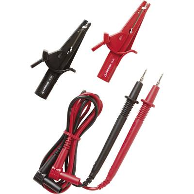 'Measuring leads and crocodile clips in red and black. Used for electrical measurements to establish secure connections.'