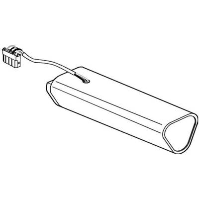 Drawing of an elongated, triangular battery with cable connection, showing the design and shape of the battery.