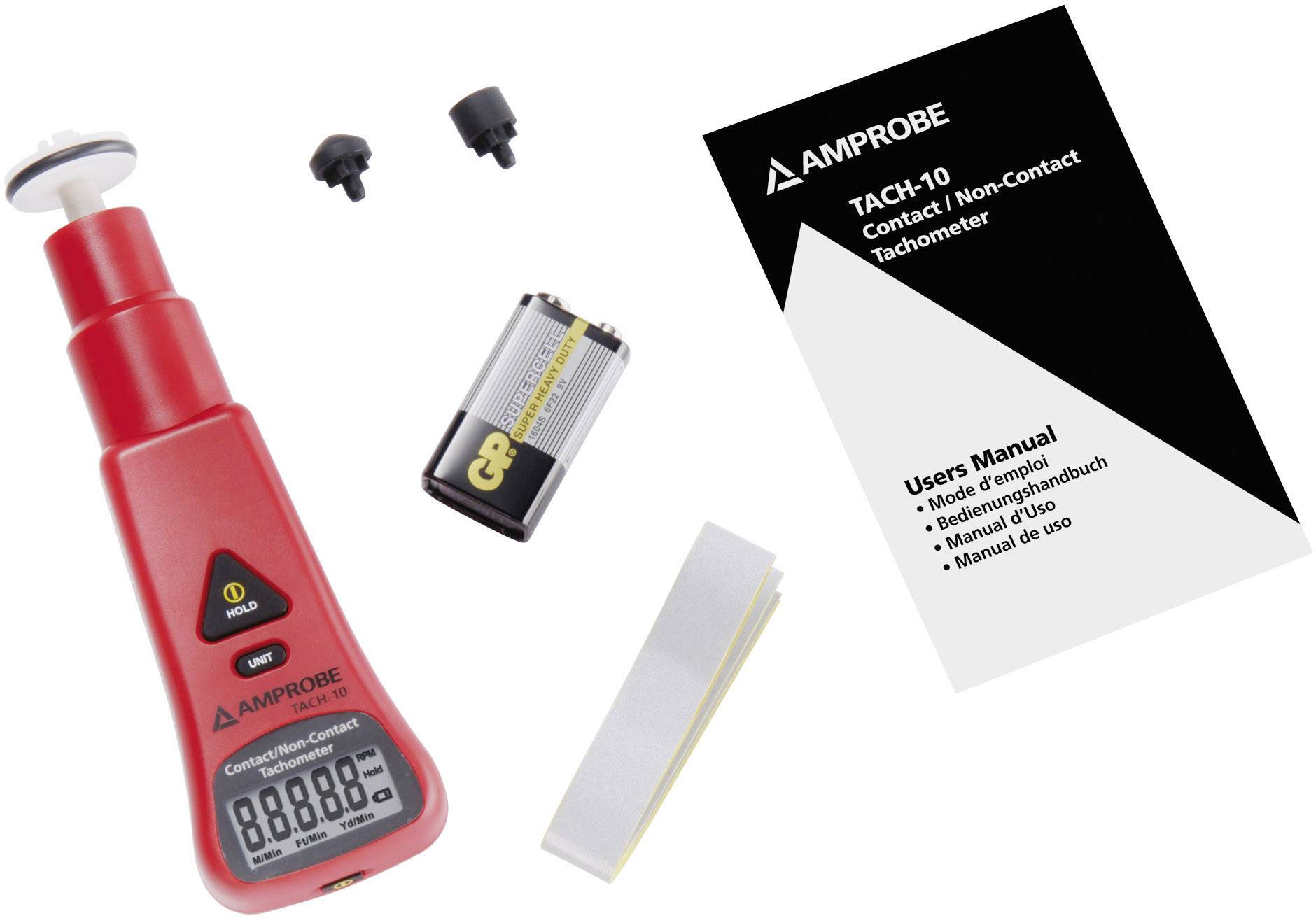 A red tachometer with accessories: two black attachments, a battery, a user manual and several reflective strips.