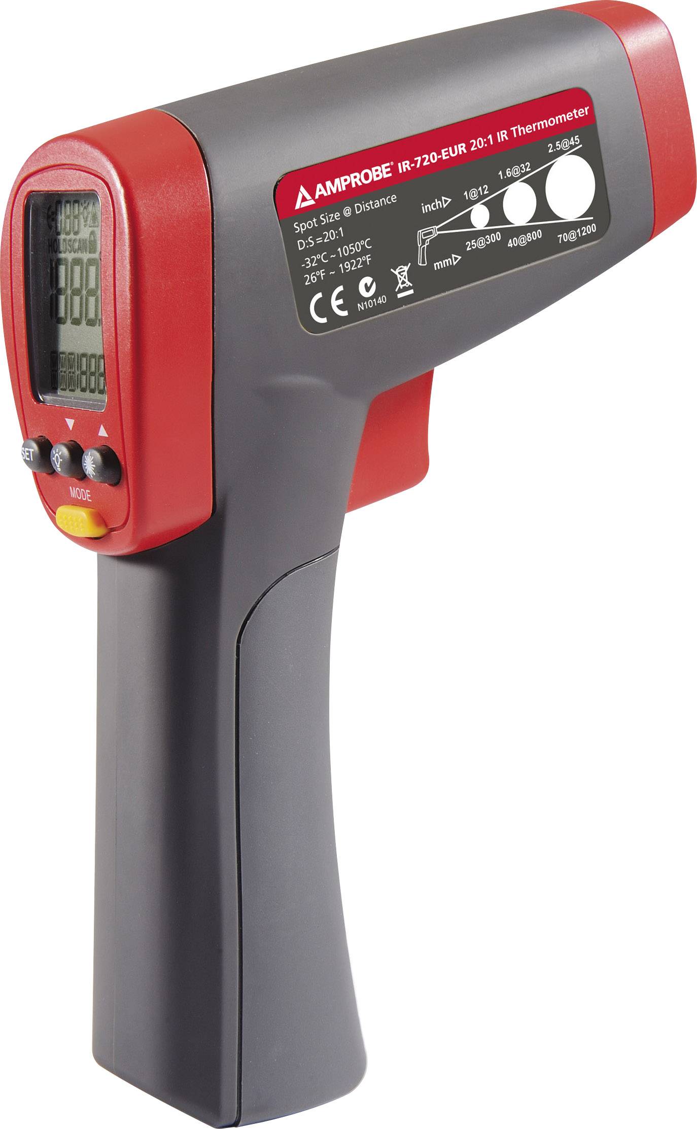A red and black infrared thermometer with a digital display shows temperature measurements for various surfaces.