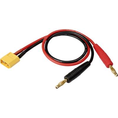 An adapter cable with a yellow XT60 plug at one end and two banana plugs in red and black at the other end.