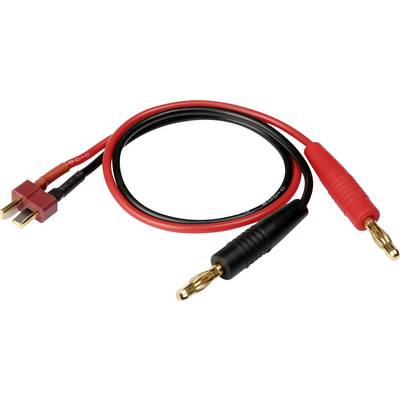 'Cable with red and black plugs at one end and two gold-coloured plugs at the other end, for electrical connections.'