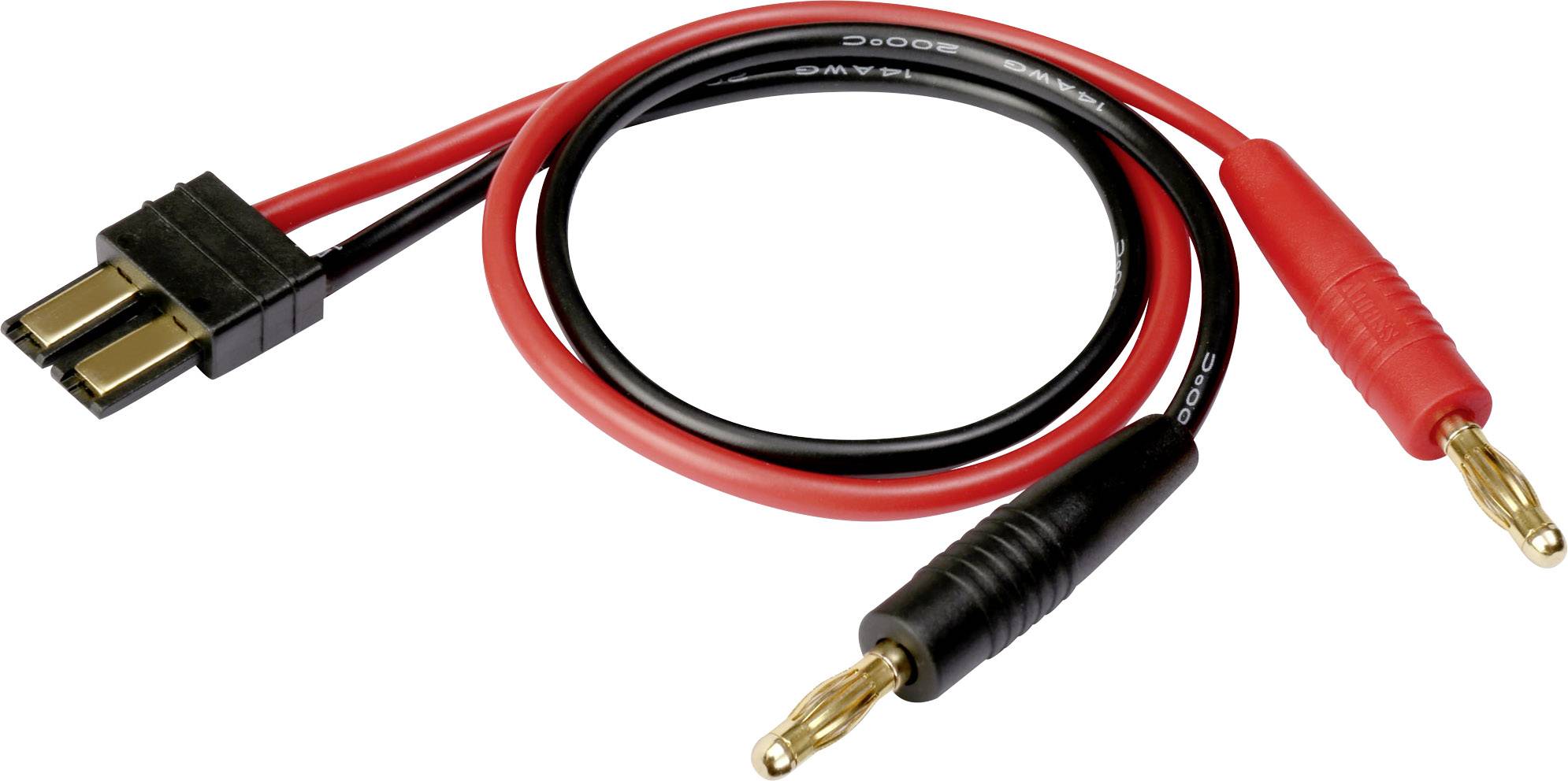 'A pair of banana plug cables, red and black, with a black connector at the other end. Used for electrical connections.'