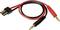 'A pair of banana plug cables, red and black, with a black connector at the other end. Used for electrical connections.'