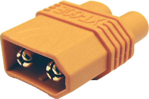 Orange XT30 connector with two metal contacts, suitable for electrical connections in model-making and drones.