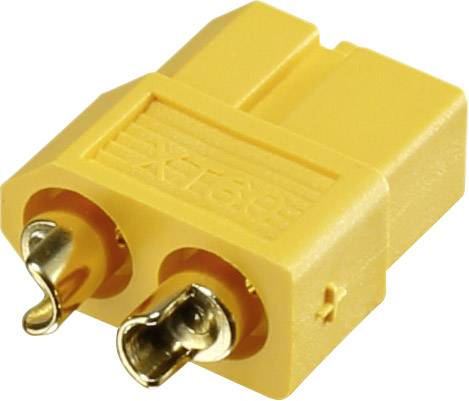Yellow XT60 plug with two metallic contacts, commonly used in model building as an electrical connection for batteries.