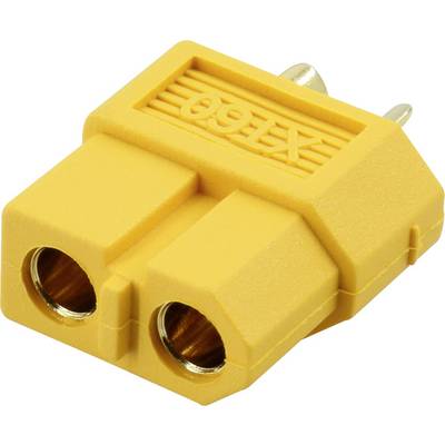 A yellow XT90 connector with two round terminals on the front, suitable for high-current applications in model making and electronics.