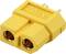 A yellow XT90 connector with two round terminals on the front, suitable for high-current applications in model making and electronics.