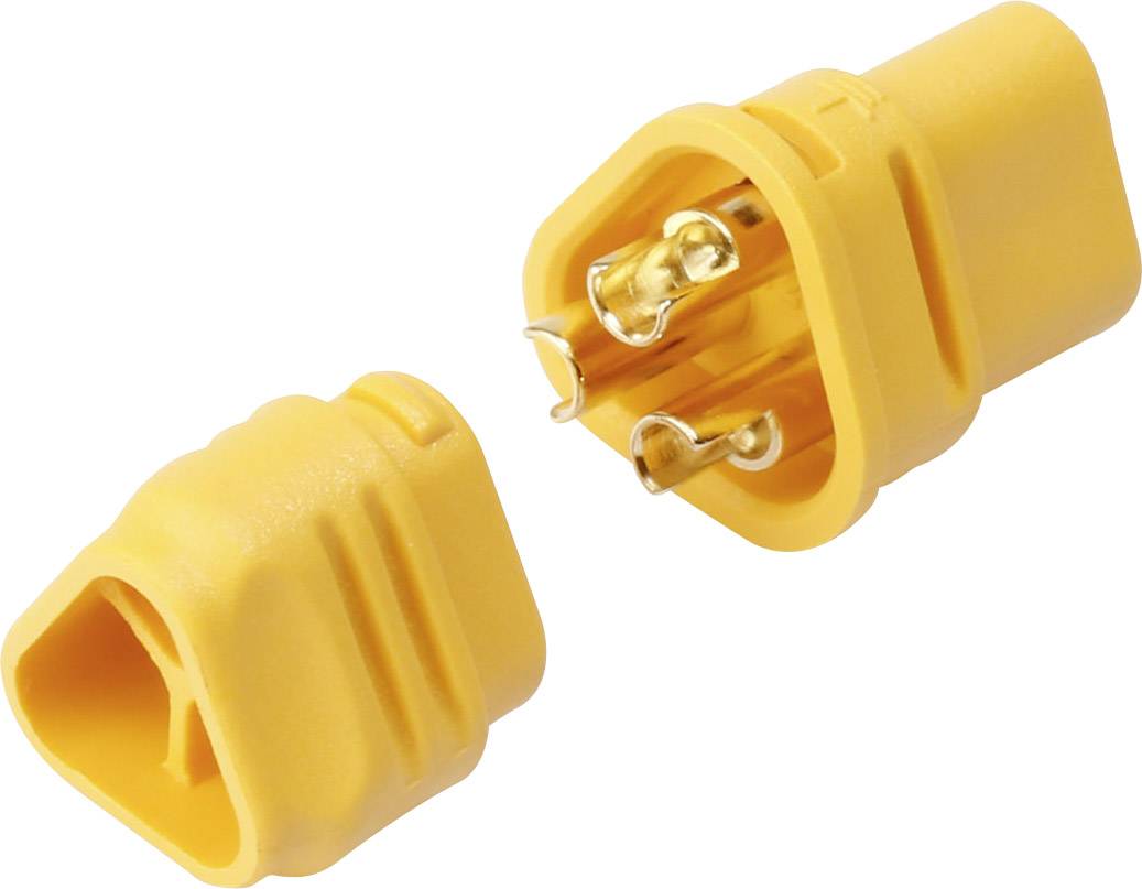 Two yellow connectors, one male and one female, with metallic contacts; shown separately from each other.
