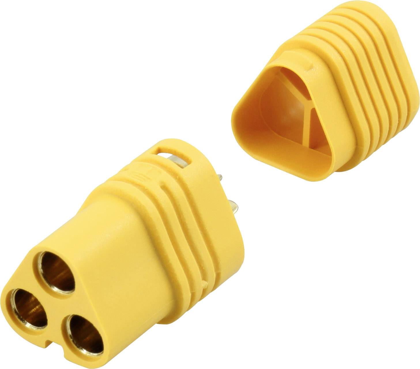 Two yellow electrical connectors, separated; one showing three holes, the other three pins.