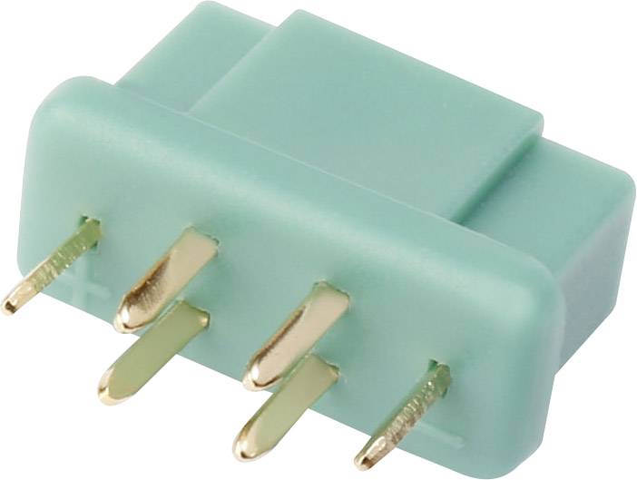 Green electrical connector with four gold pins.