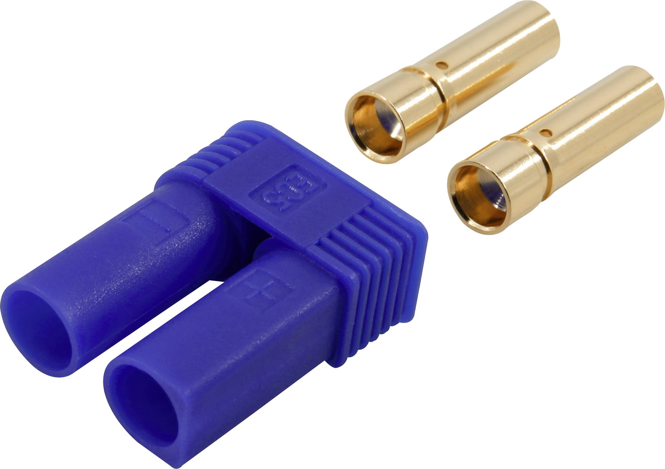 Blue EC5 plug with two golden metal contacts for high-current connections, commonly used in model building and electrical devices.