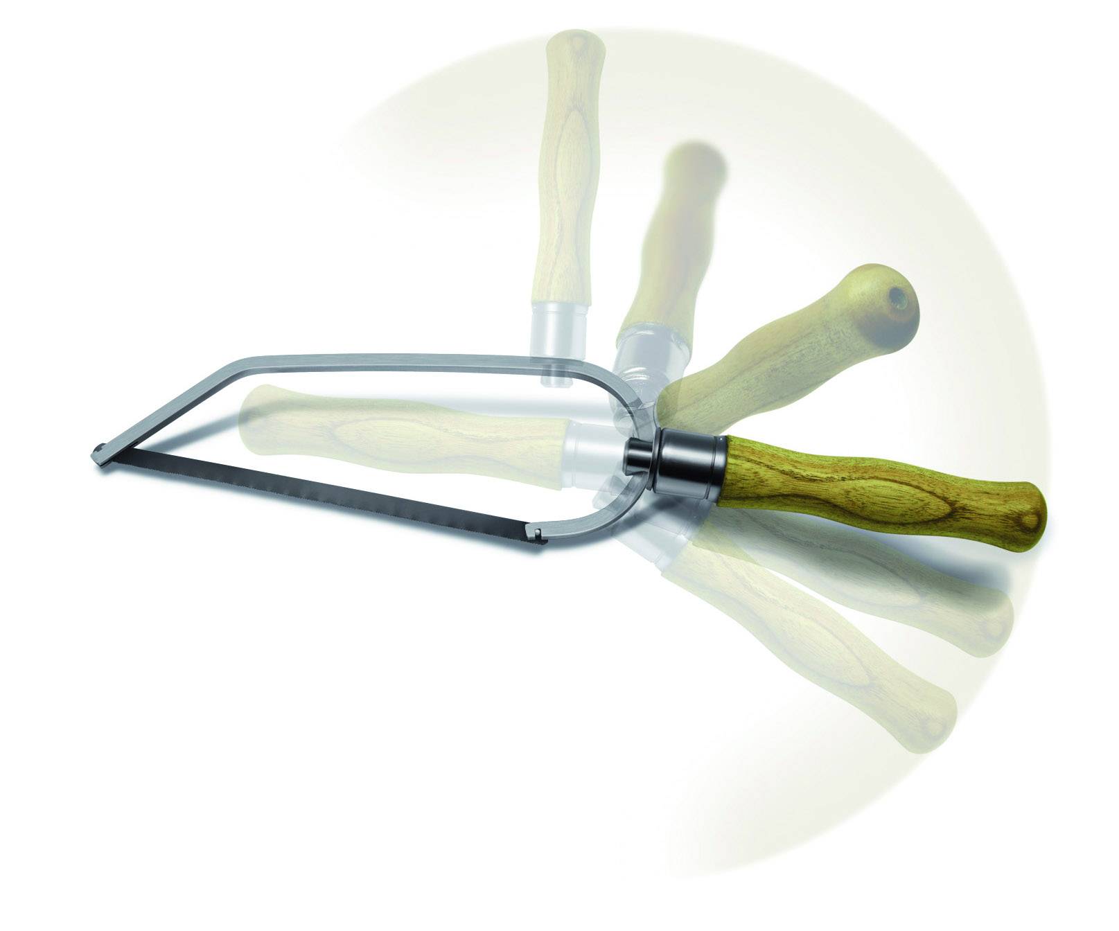 A hacksaw blade with a wooden handle, shown in motion to illustrate its use at various angles.