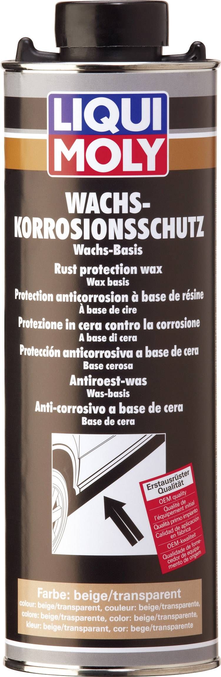 A tin with the label 'LIQUI MOLY Wax Rust Protector'. Protects against rust, available in beige/clear colours.