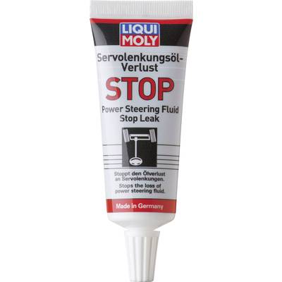 Tube with text 'Power Steering Oil Loss Stop'. White background, brand at the top, product image shows a steering wheel. Text at the bottom: 'Made in Germany'.