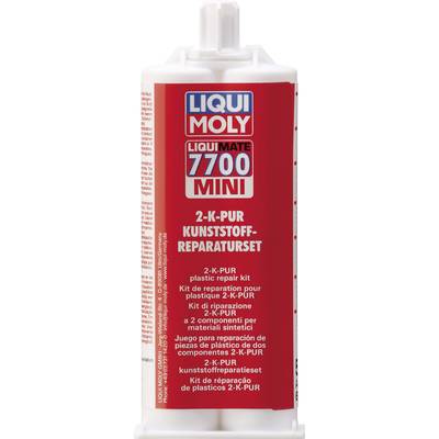 Red packaging of the LIQUI MOLY 2K-PUR Plastic Repair Kit, containing application instructions in multiple languages for plastic repairs.