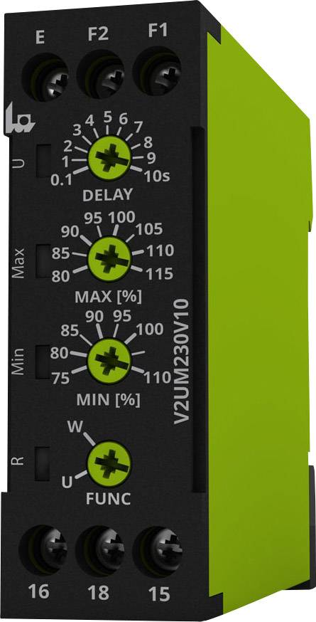 A green electronic control unit with controls for delay, maximum and minimum values. Connections are numbered from 15 to 18.