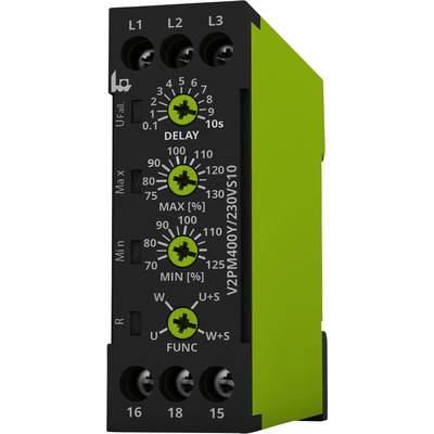 Electronic device with a green front. Controls and switches for adjusting delay and percentage values. Connections at the bottom.