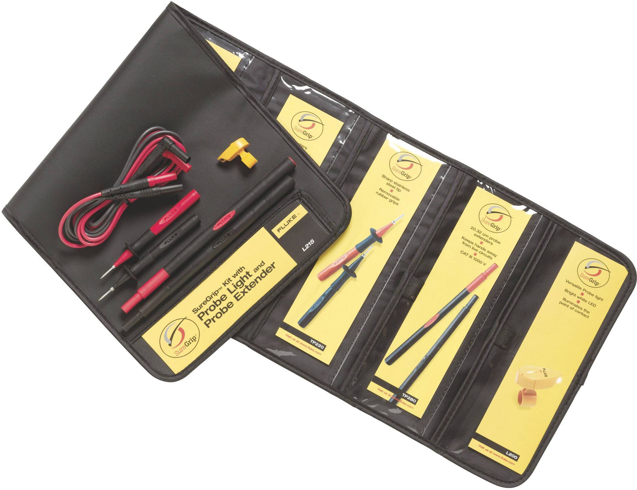 Carrying bag with various electrical test probes and accessories, including cables, hooks, and clamps for technical applications.
