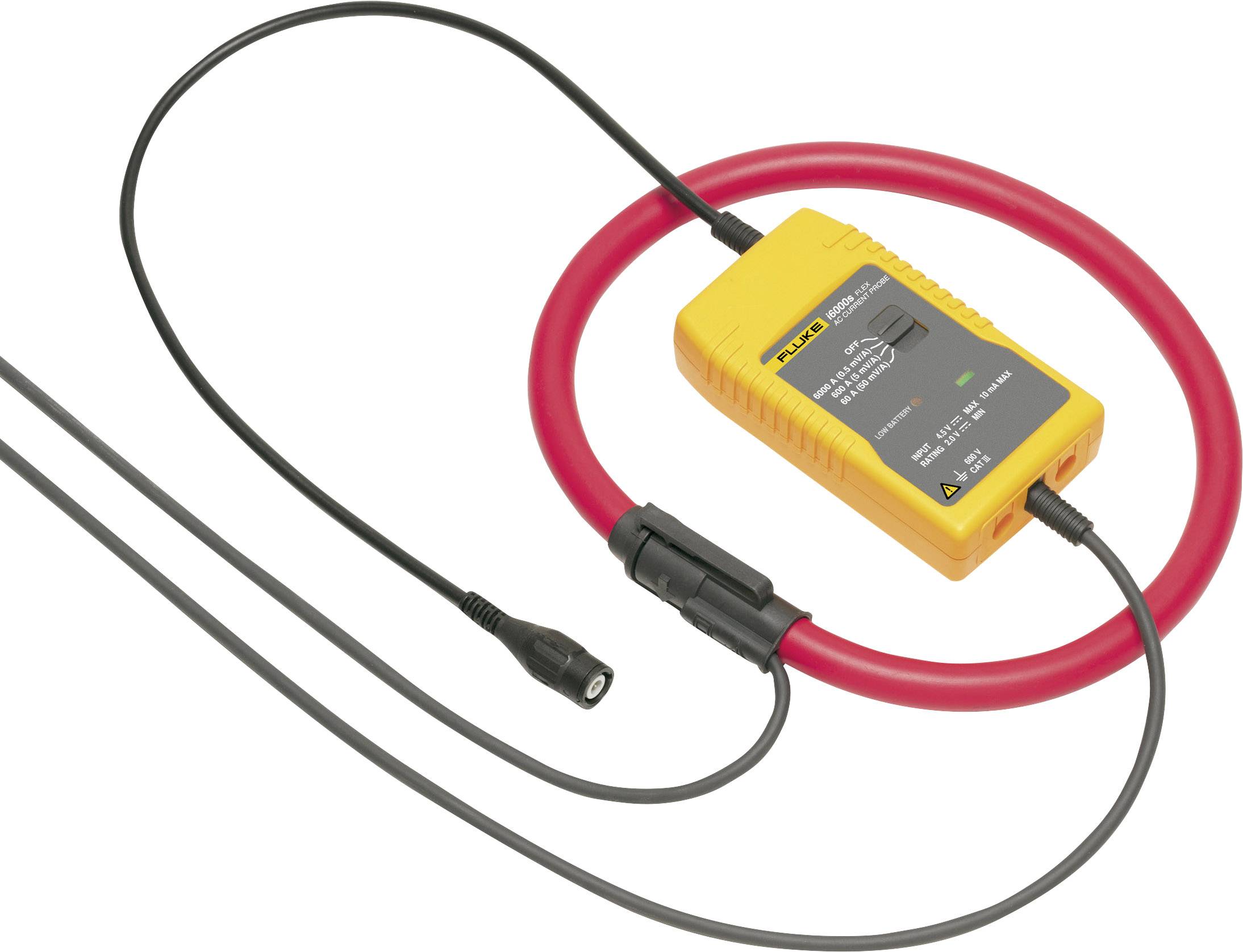 A measuring device with a yellow housing and red flexible measuring accessories. Used for current measurement and diagnostics in electronic applications.
