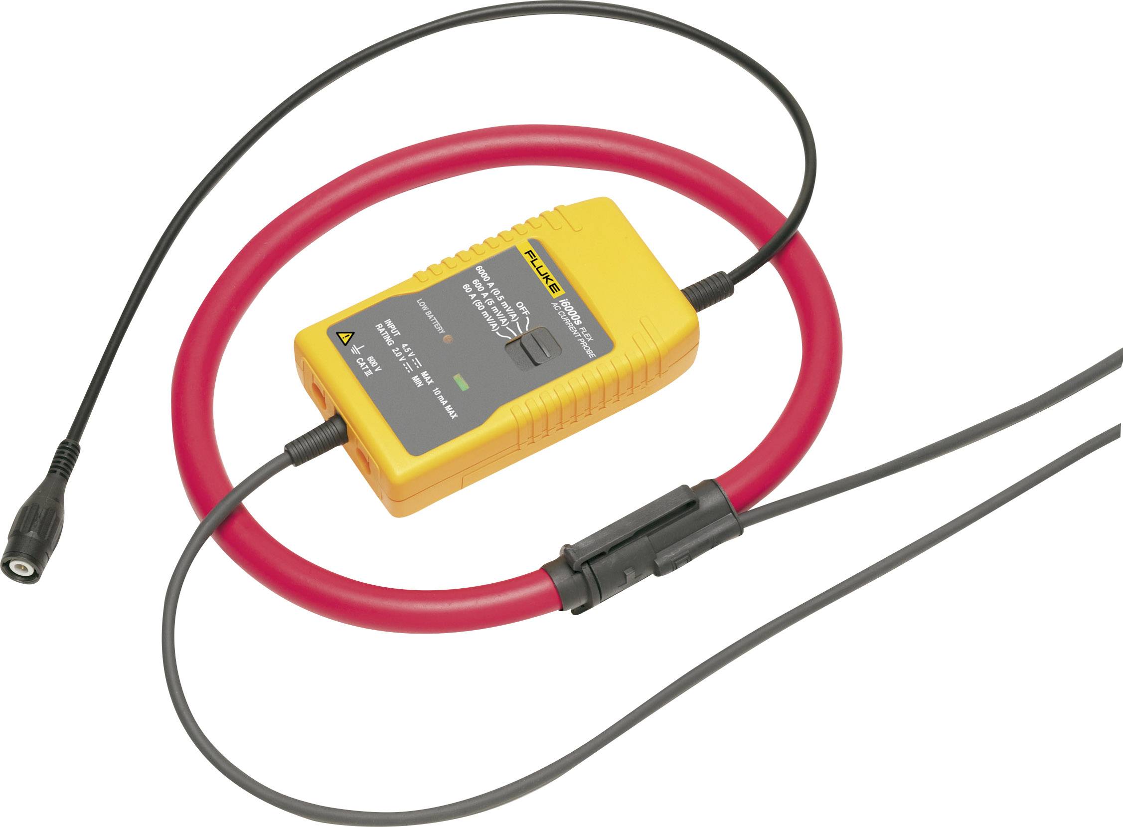 A yellow electronic device with a red cable, used for measuring electricity; displays a digital readout and connection leads.