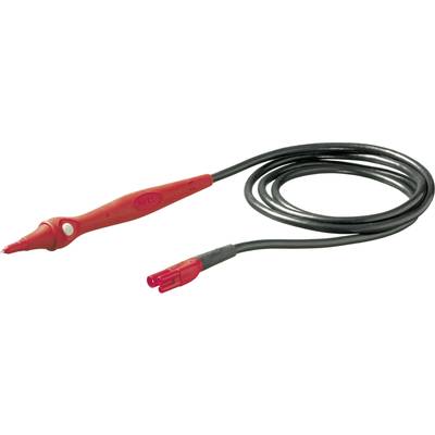 A red test lead cable used in electronics for measuring voltage or current, with a coaxial connector.