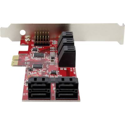 A red PCIe SATA controller card with multiple SATA ports and a PCIe connector for expanding desktop PCs.