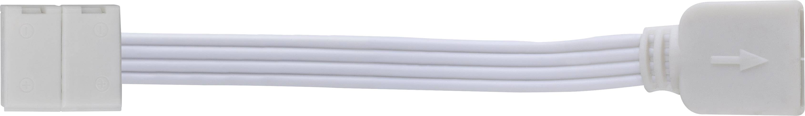 White LED strip adapter cable with two connections. A directional arrow is marked on one plug.