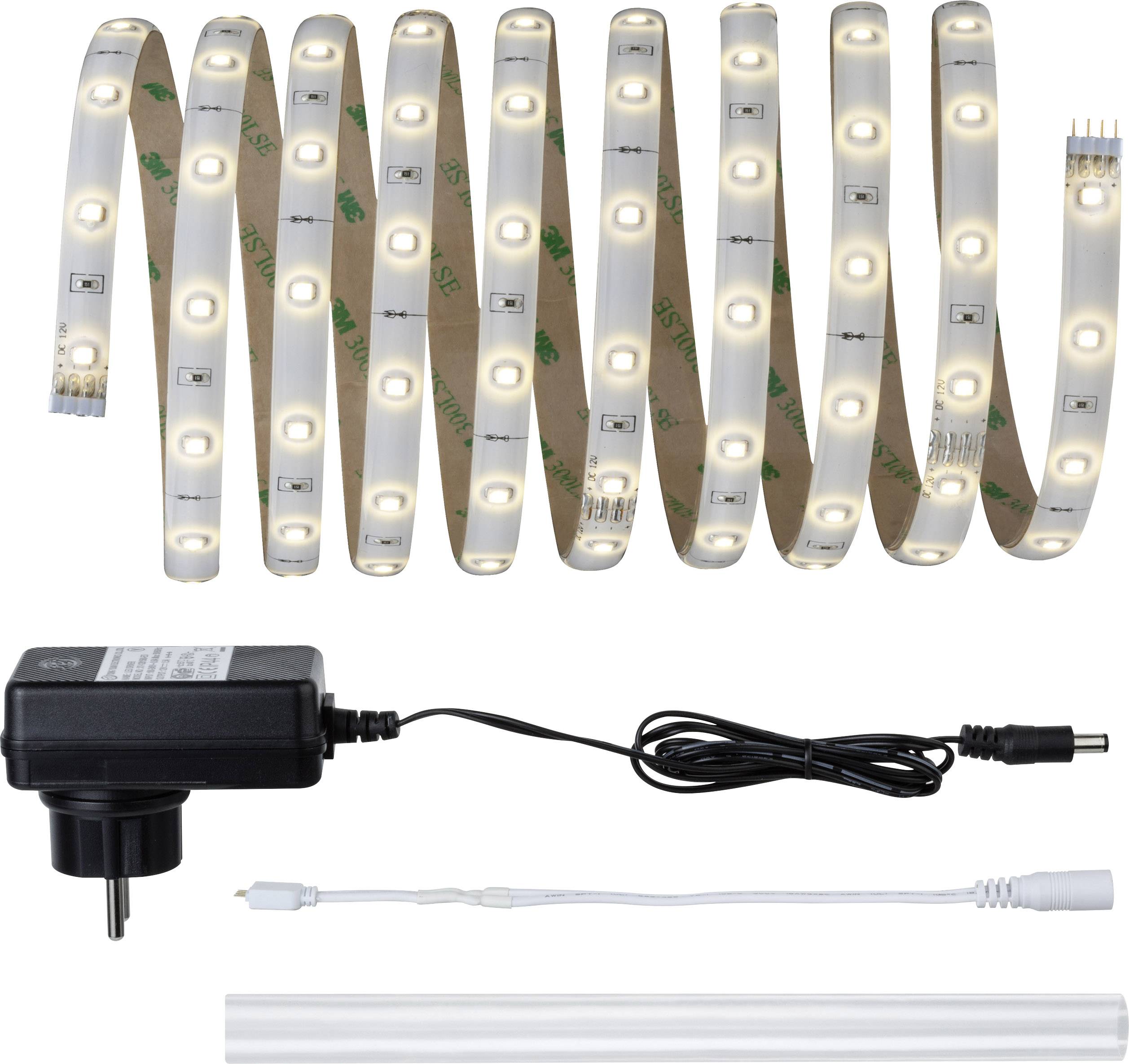 LED light strip with adapter, cable and connection piece in white. Suitable for decorative lighting or accentuating rooms.