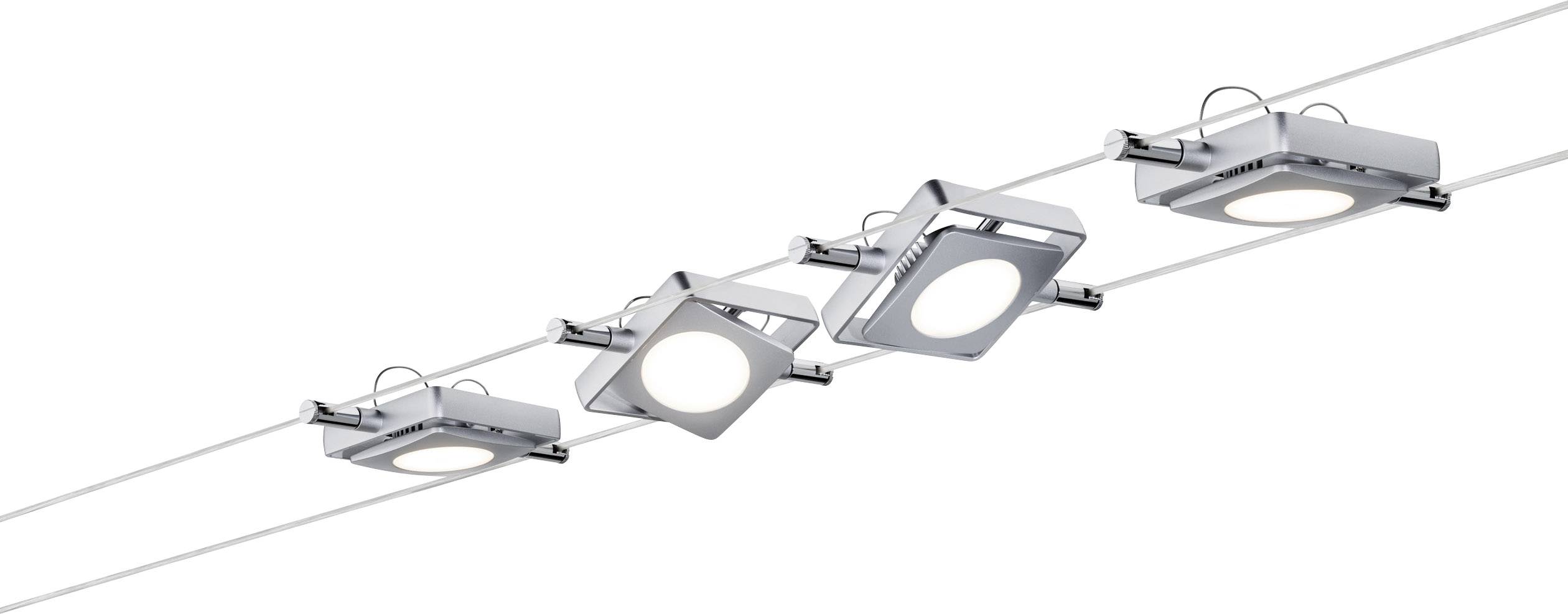 Four square LED ceiling lights hang from two parallel cables and illuminate in a modern style.