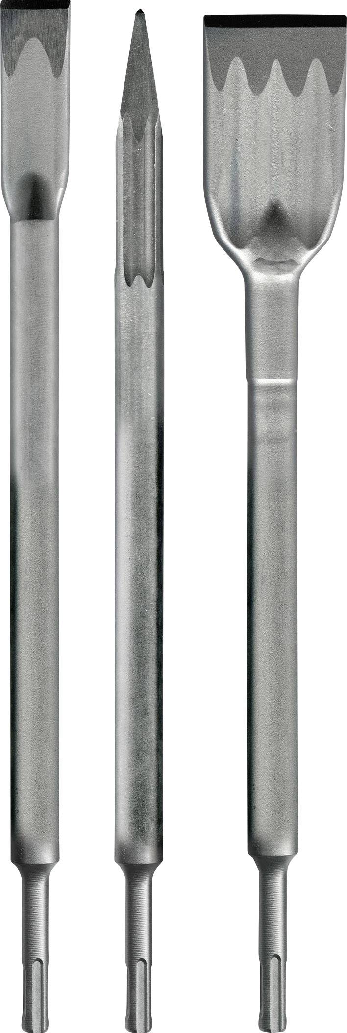 Three different steel chisels with different tips: a flat chisel, a point chisel, and a tile chisel.