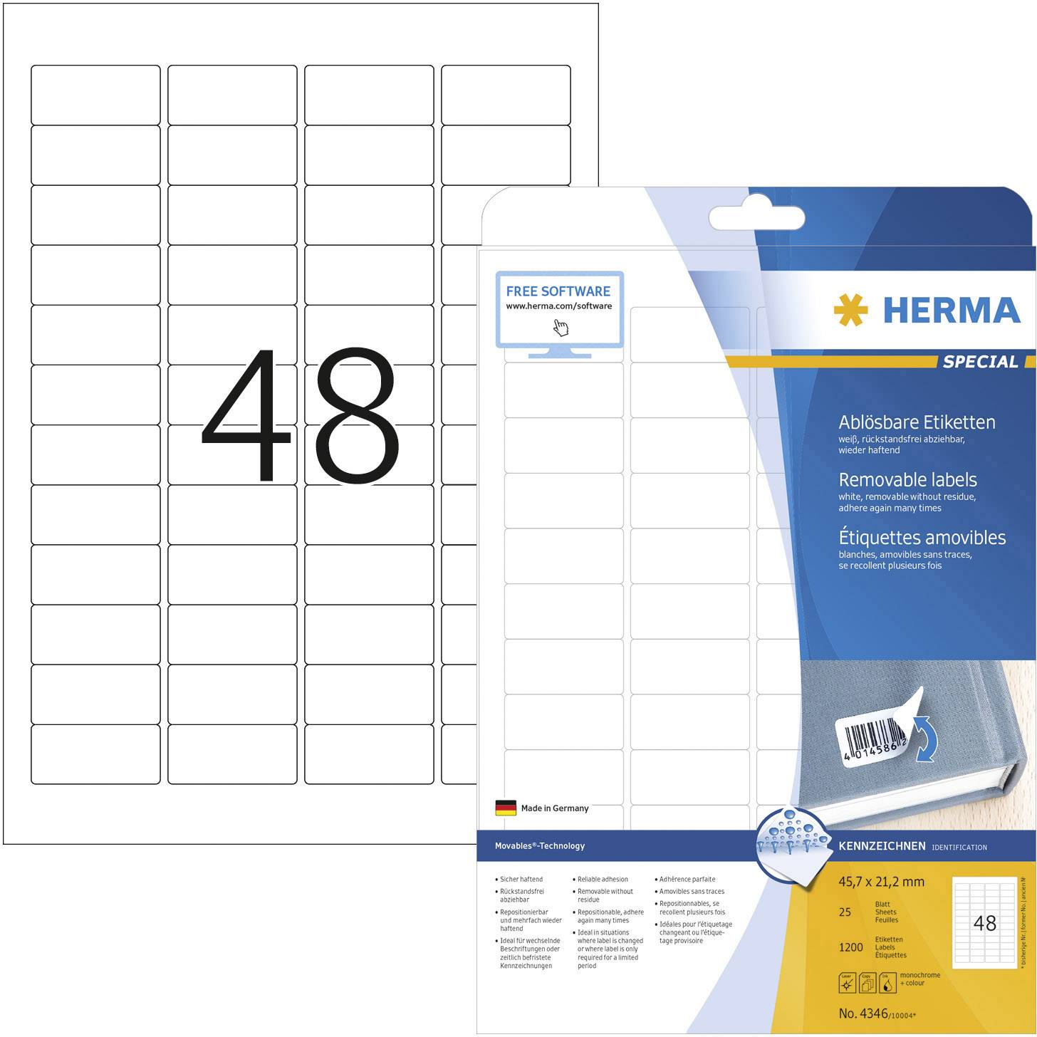Herma 4346 All-purpose labels 45.7 x 21.2 mm Paper White 1200 pc(s) Removable Inkjet printer, Laser printer, Laser, colour, Copier, Colour copier, Manual