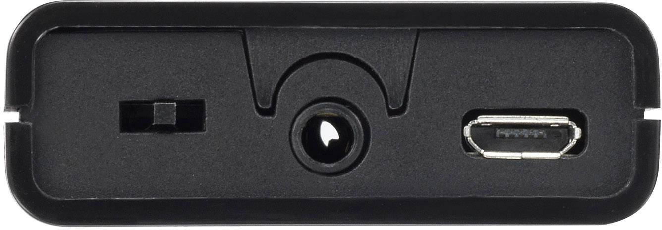 'Black electronic interface with multiple ports: square, round, and Micro-USB socket.'