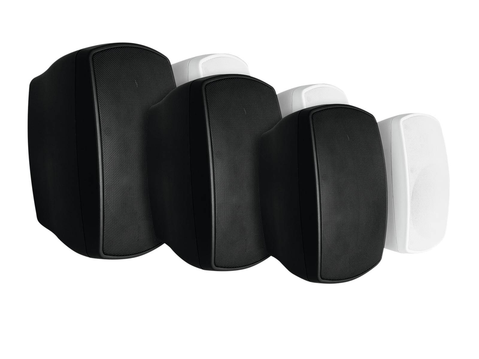 Six speakers in black and white, arranged side by side from left to right, increasing in size from smallest to largest.