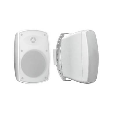 Two white external loudspeakers, one mounted frontally, the other mounted sideways with a wall bracket. Ideal for outdoor sound reinforcement.