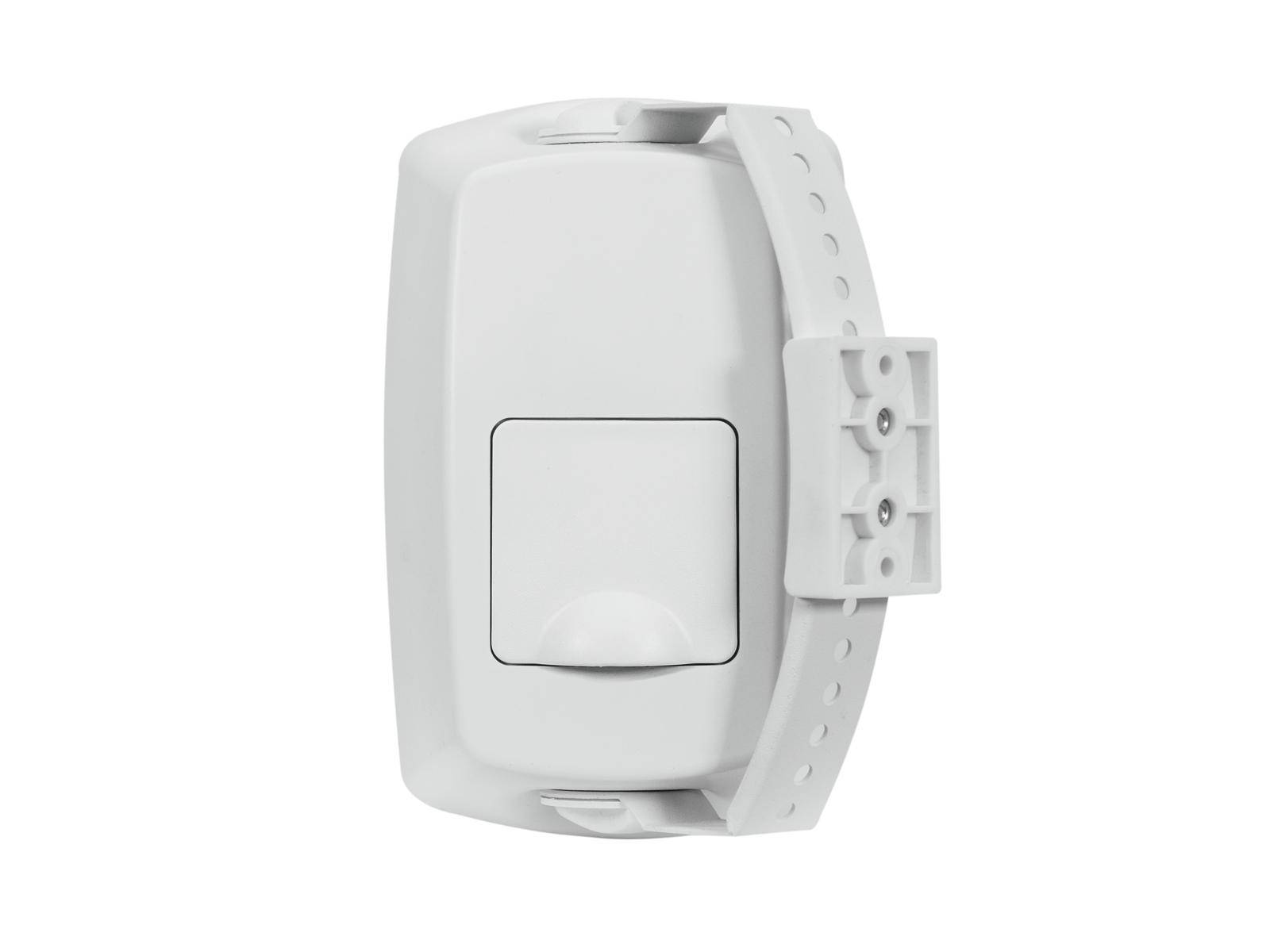 White plastic cover with a removable, perforated mounting arm on the right side, potentially part of a housing or protective enclosure.