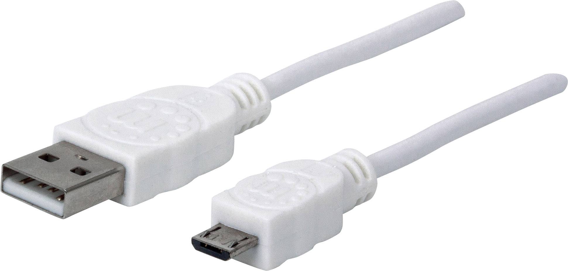 White USB cable with large USB-A plug and small micro-USB plug, suitable for connecting devices.