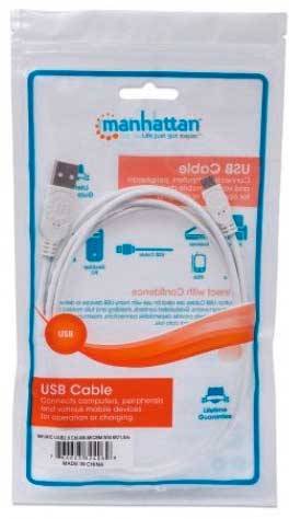 'Manhattan USB cable' in packaging, shown connections: USB-A to Micro-USB. Packaging labelled with benefits for data transfer and charging.